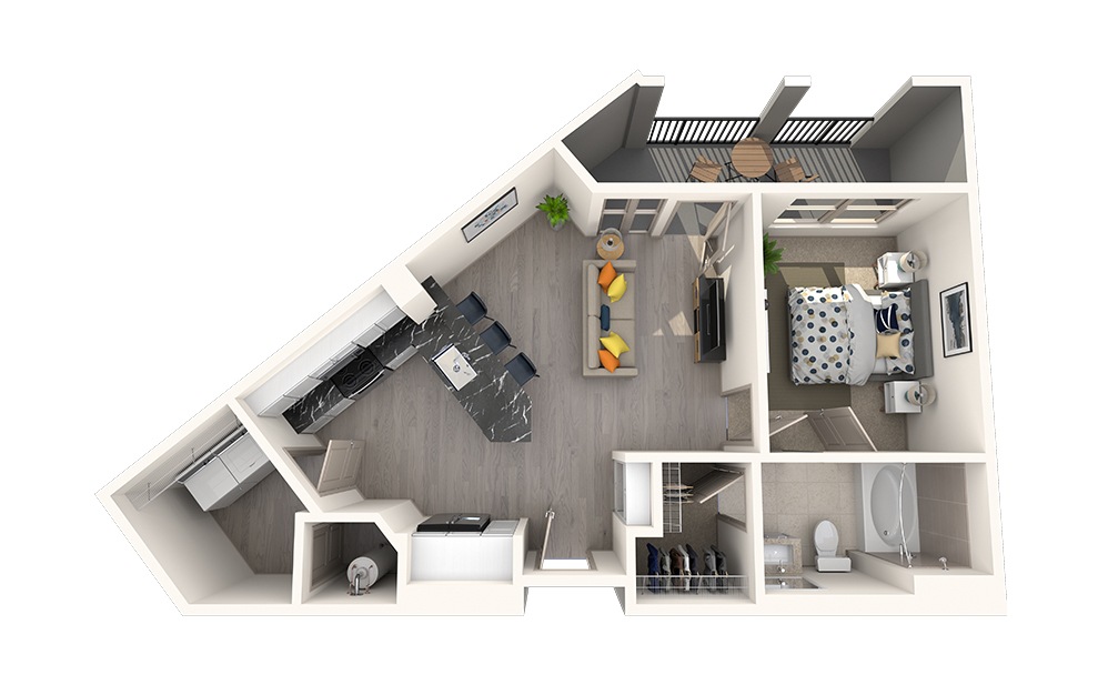 A1A - 1 bedroom floorplan layout with 1 bathroom and 656 square feet