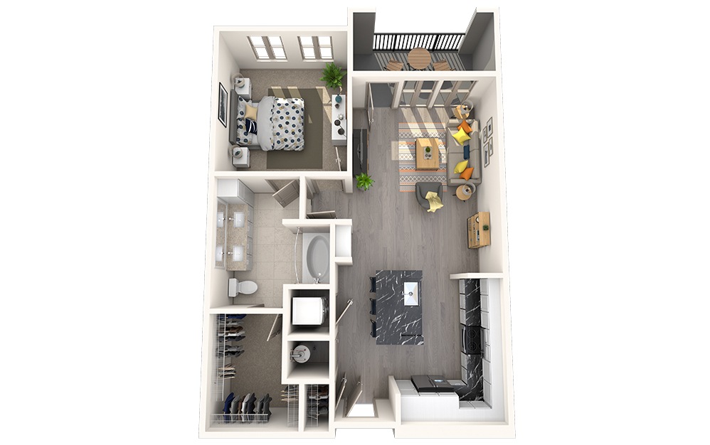 A1E - 1 bedroom floorplan layout with 1 bathroom and 752 square feet