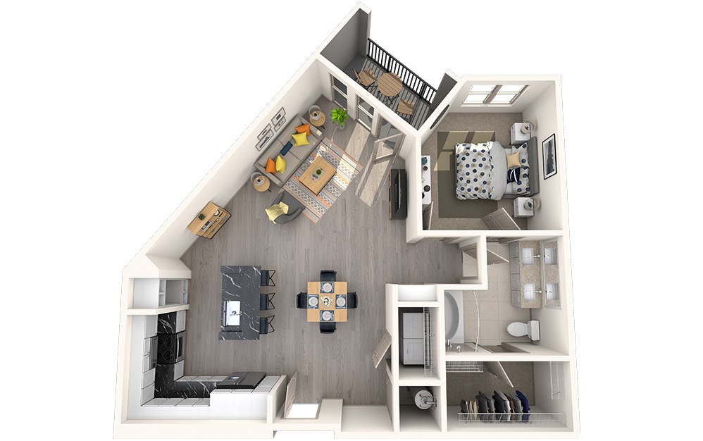 A1J - 1 bedroom floorplan layout with 1 bathroom and 880 square feet