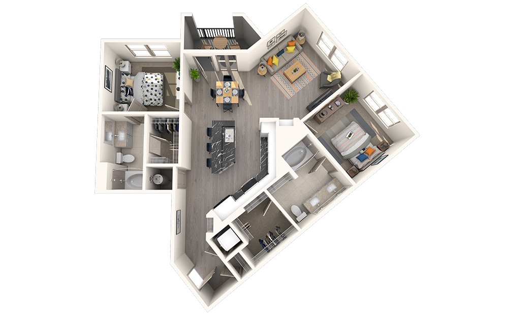 B2A - 2 bedroom floorplan layout with 2 bathrooms and 1053 square feet