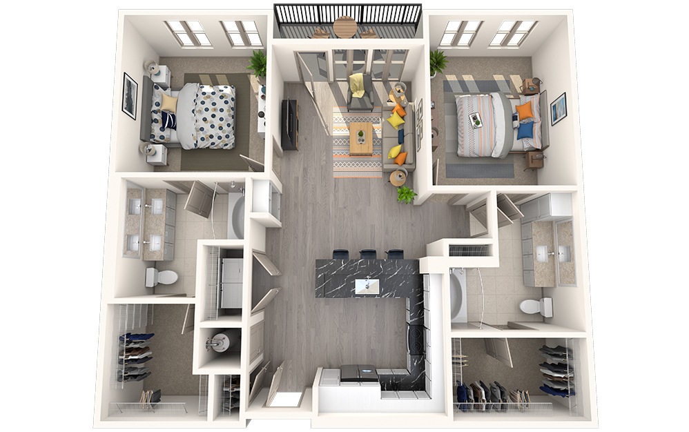 B2C - 2 bedroom floorplan layout with 2 bathrooms and 1120 square feet