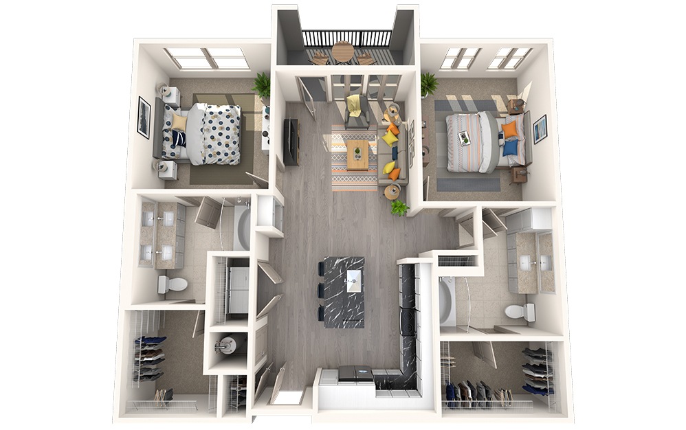 B2F - 2 bedroom floorplan layout with 2 bathrooms and 1120 square feet