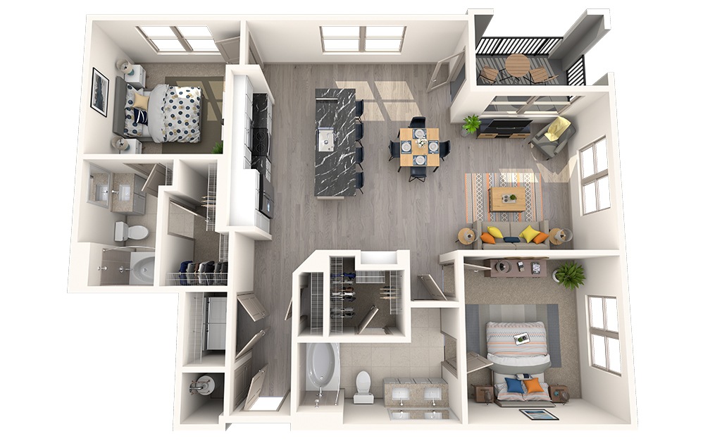 B2I - 2 bedroom floorplan layout with 2 bathrooms and 1193 square feet