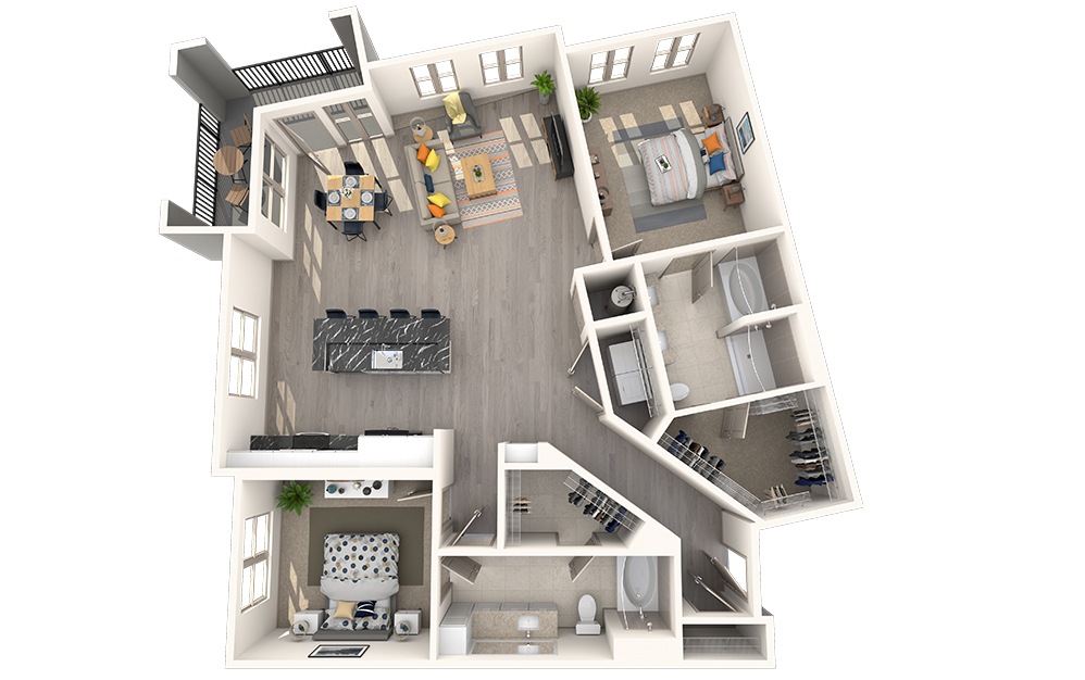 B2J - 2 bedroom floorplan layout with 2 bathrooms and 1314 square feet