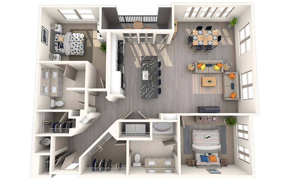 B2K - 2 bedroom floorplan layout with 2 bathrooms and 1373 square feet